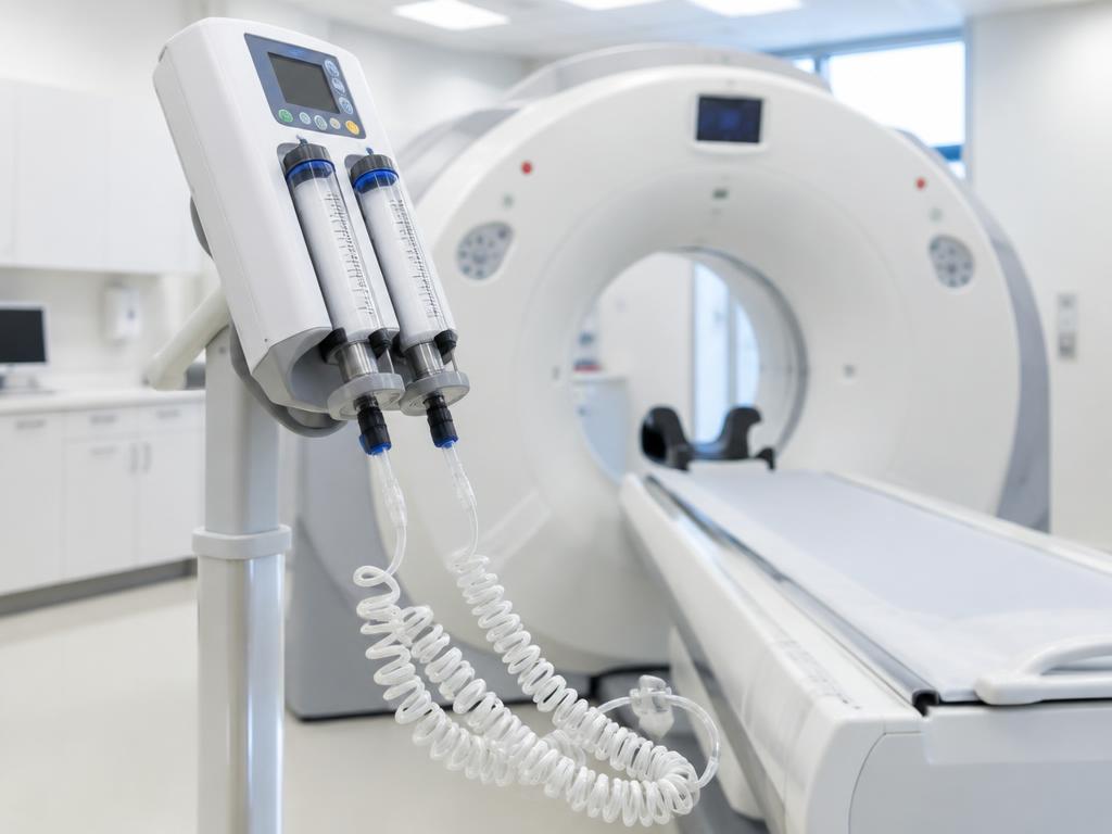 CT power injector with dual syringes and coiled connecting tubing