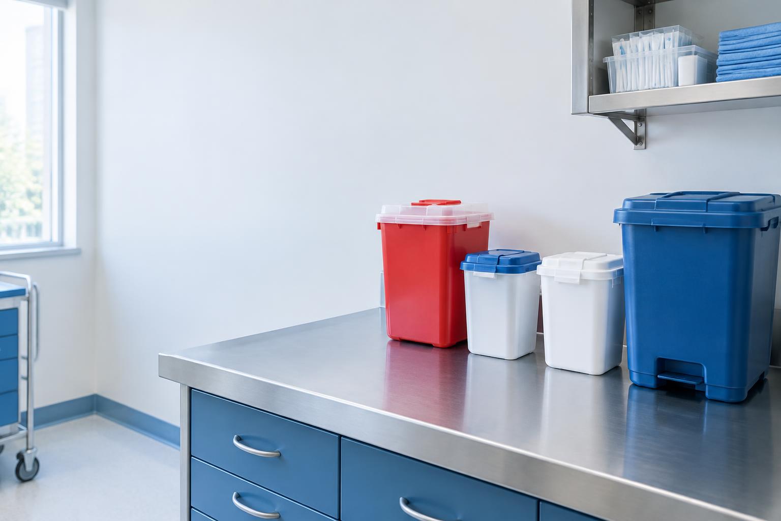 Sealed medical waste collection containers in a clean healthcare utility room